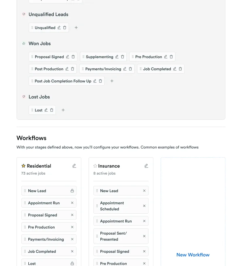 Stages pool plus per-workflow stage assignment