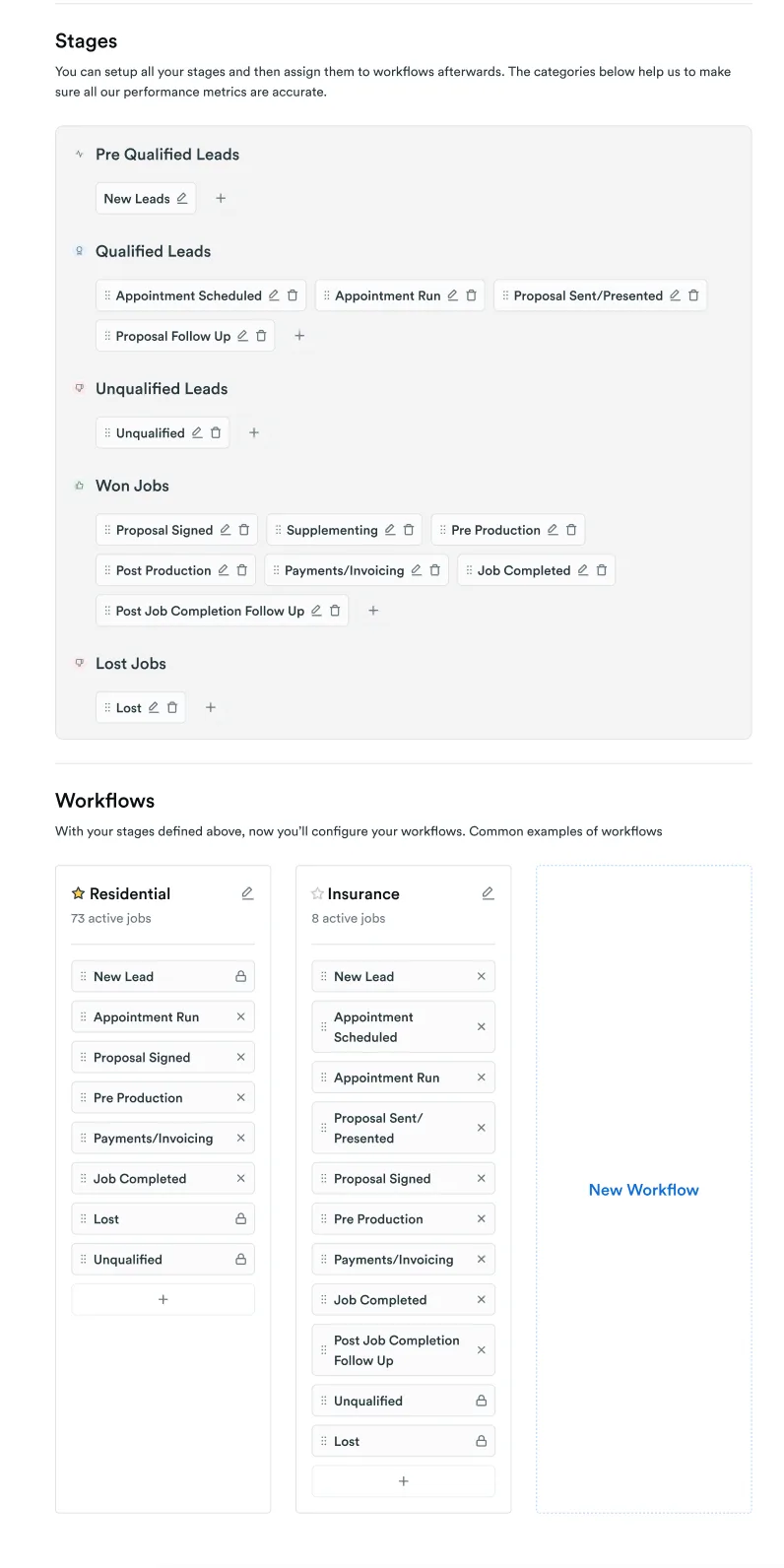 Stages pool plus per-workflow stage assignment