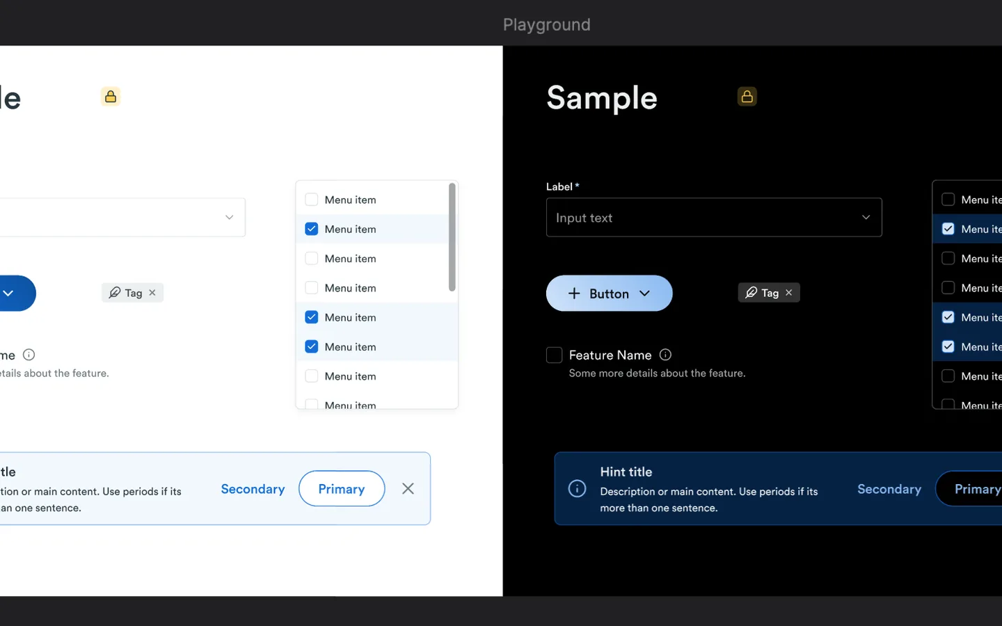 Side-by-side light and dark playground rendering of the same component set