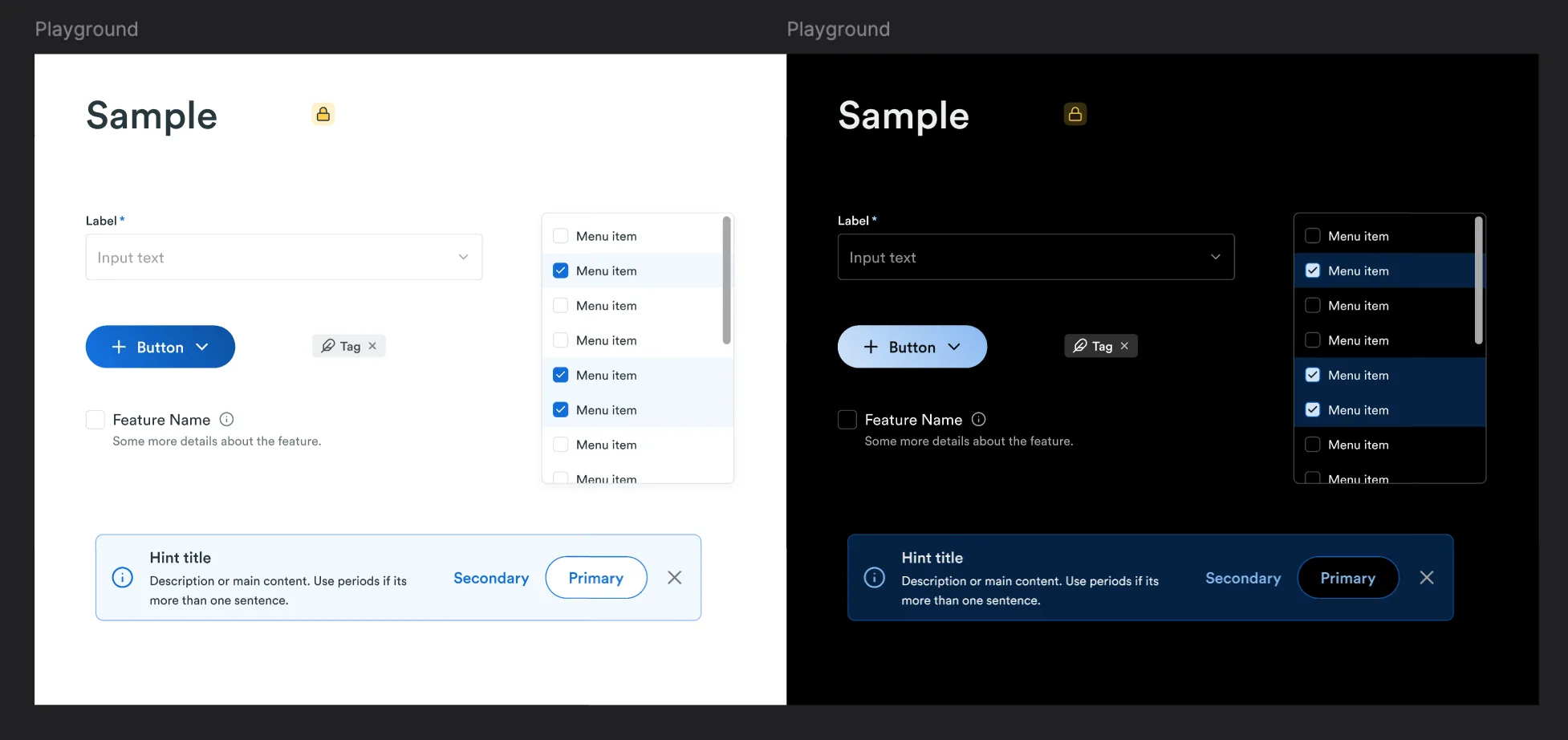 Side-by-side light and dark playground rendering of the same component set