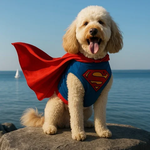 My goldendoodle in a Superman cape by the water