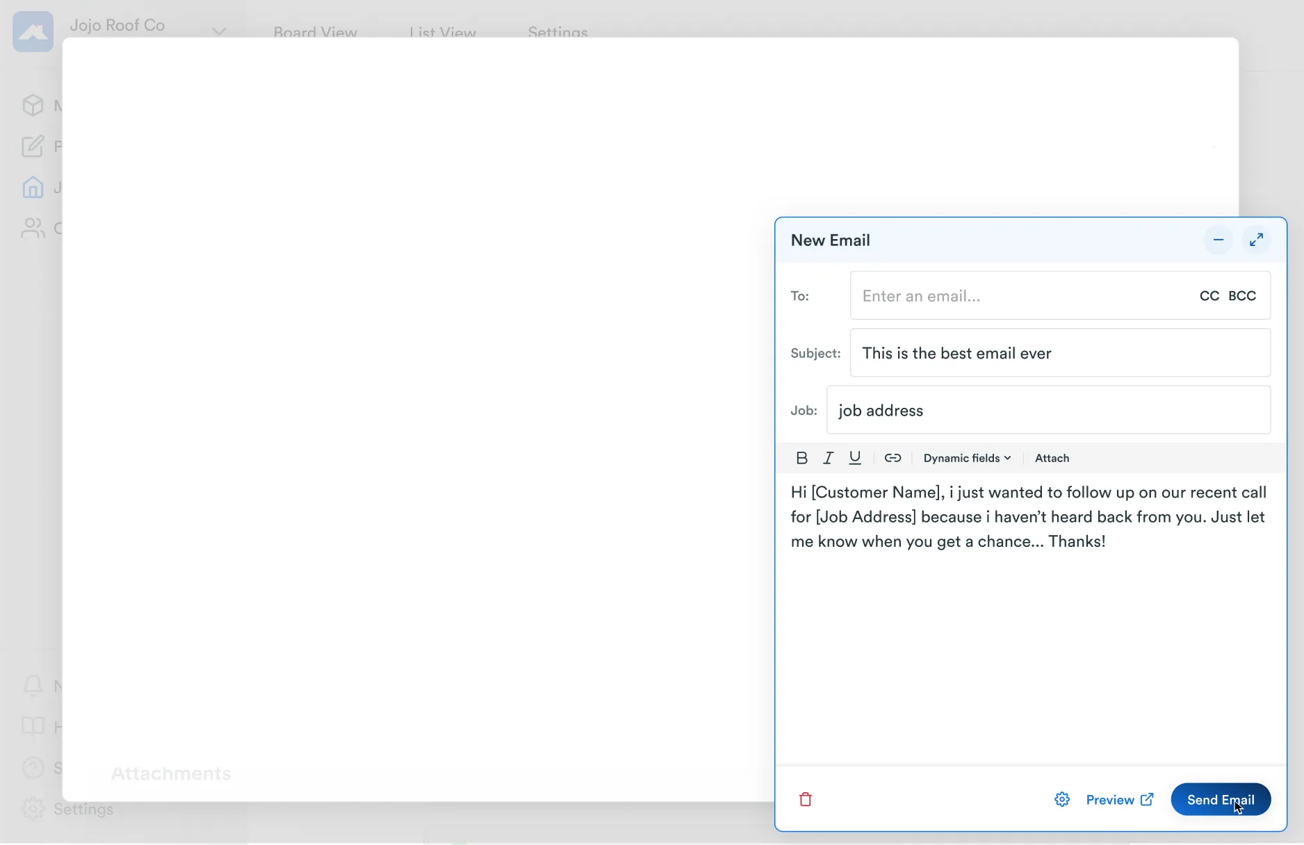 Global send popup overlaying a job