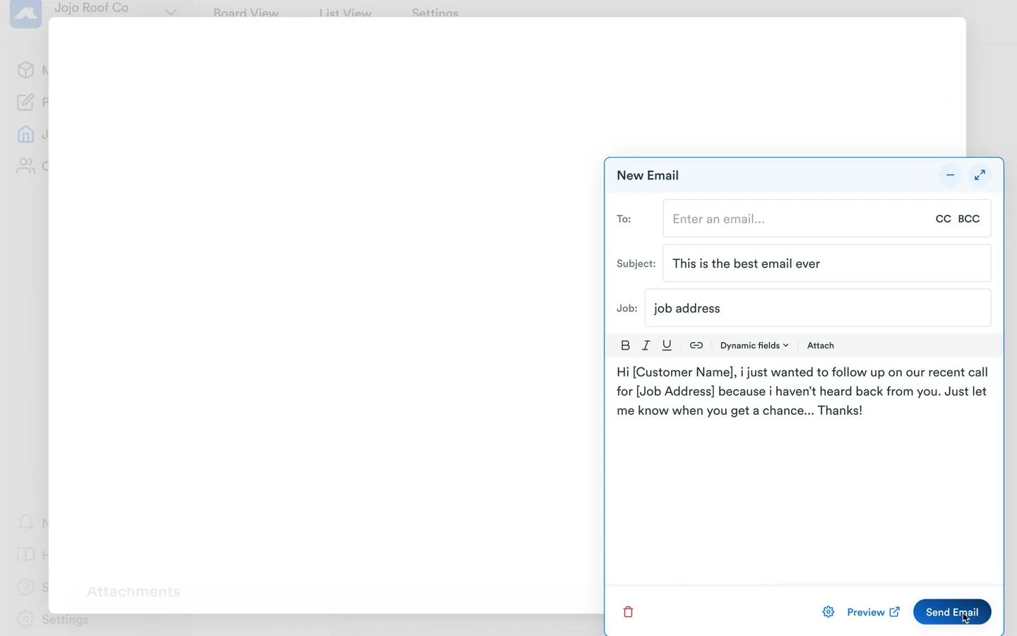 Global send popup overlaying a job