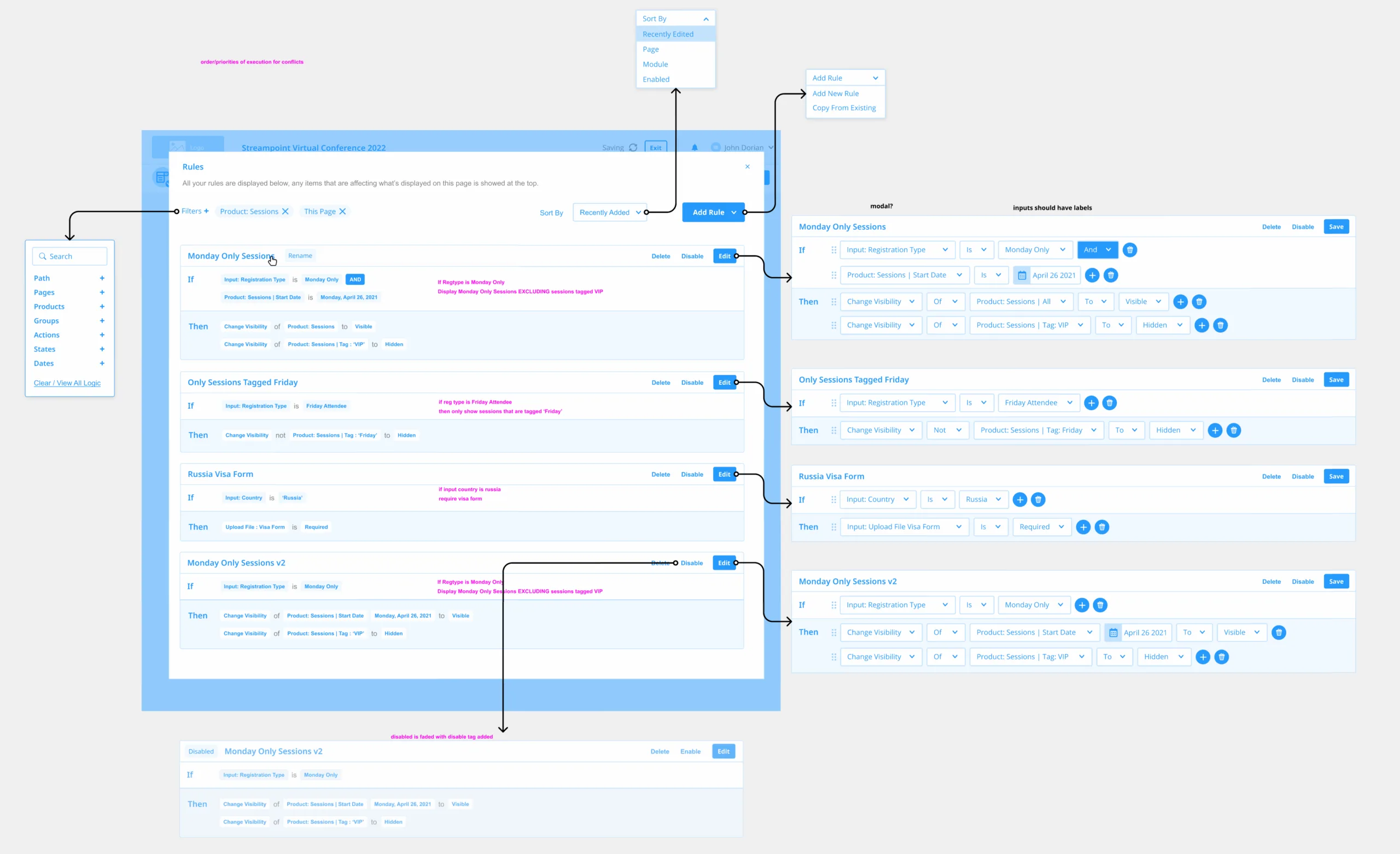 Initial wireframe of rules builder layout