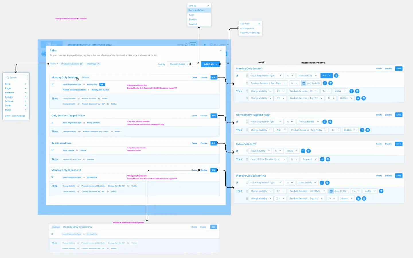 Initial wireframe of rules builder layout