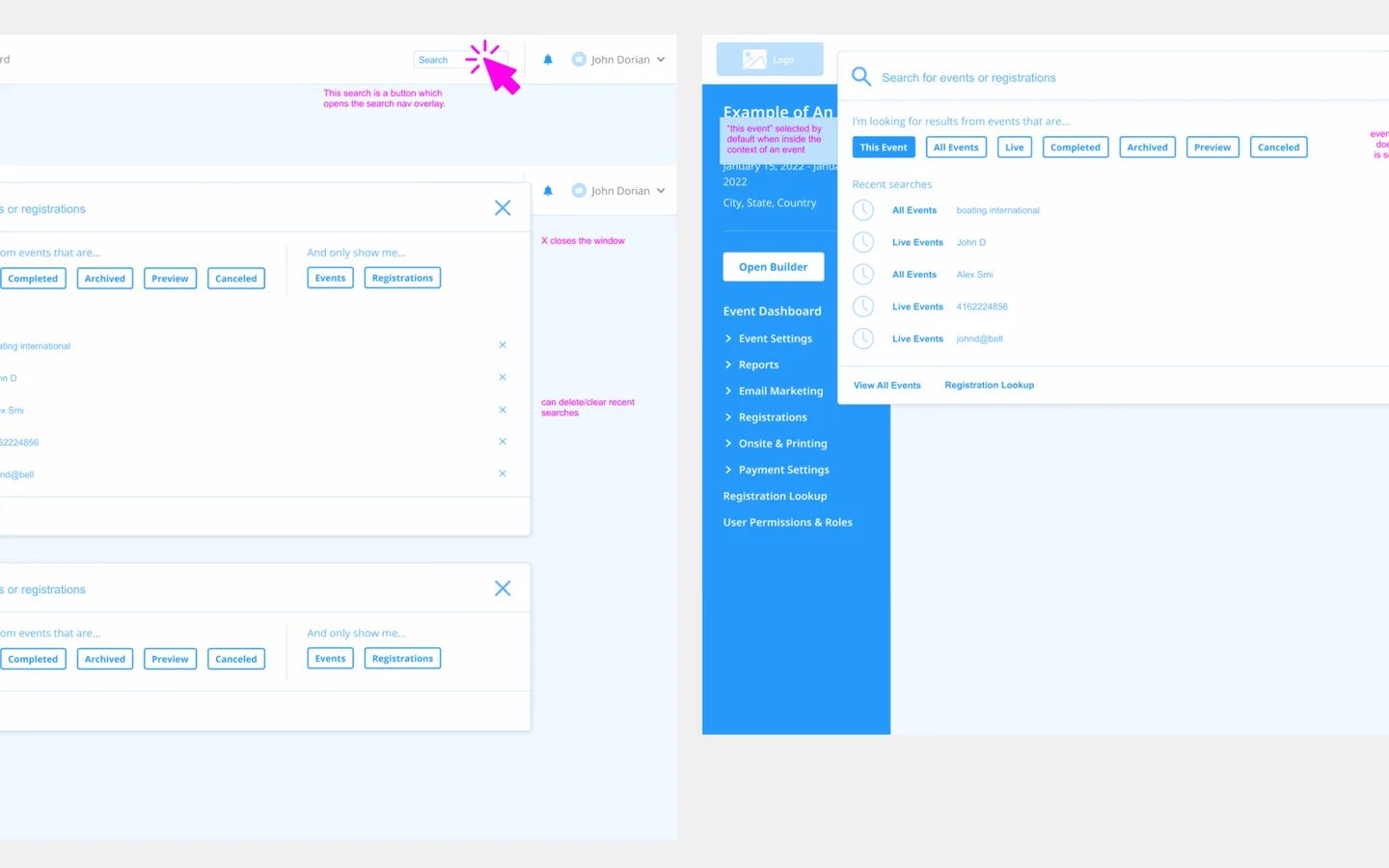 Initial wireframe of preferred unified-search approach