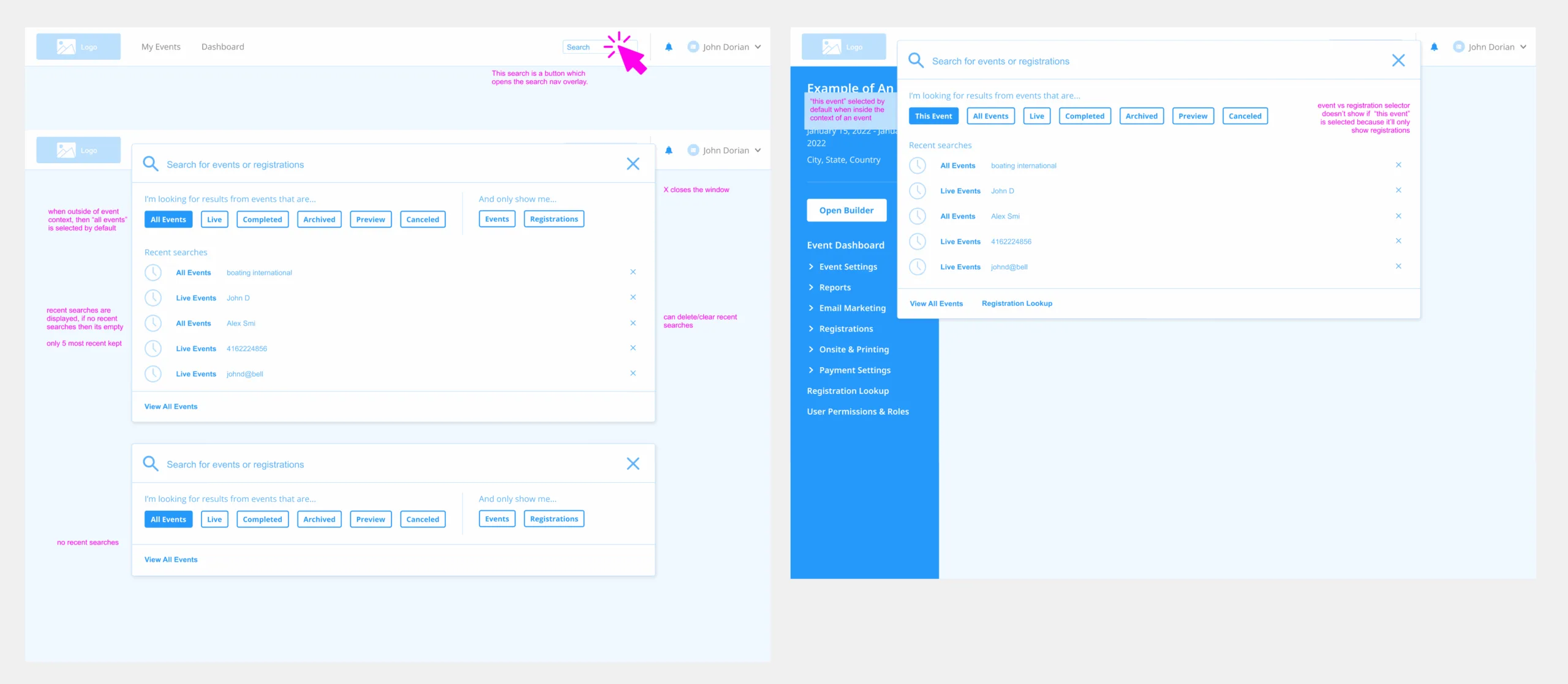 Initial wireframe of preferred unified-search approach